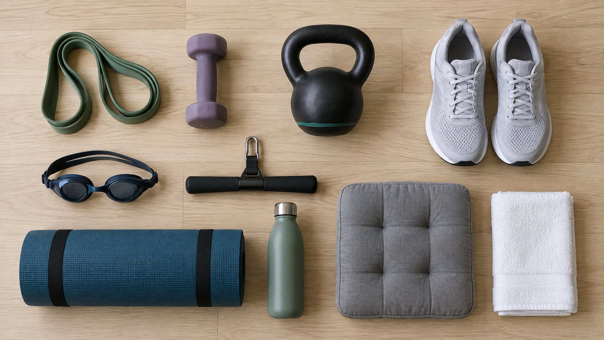 What Are the Top 10 Exercises? We Ranked Them Using a Peer-Reviewed Study of 77 Movements 2 Flat lay of equipment for the top 10 beginner exercises including bands, dumbbells and walking shoes