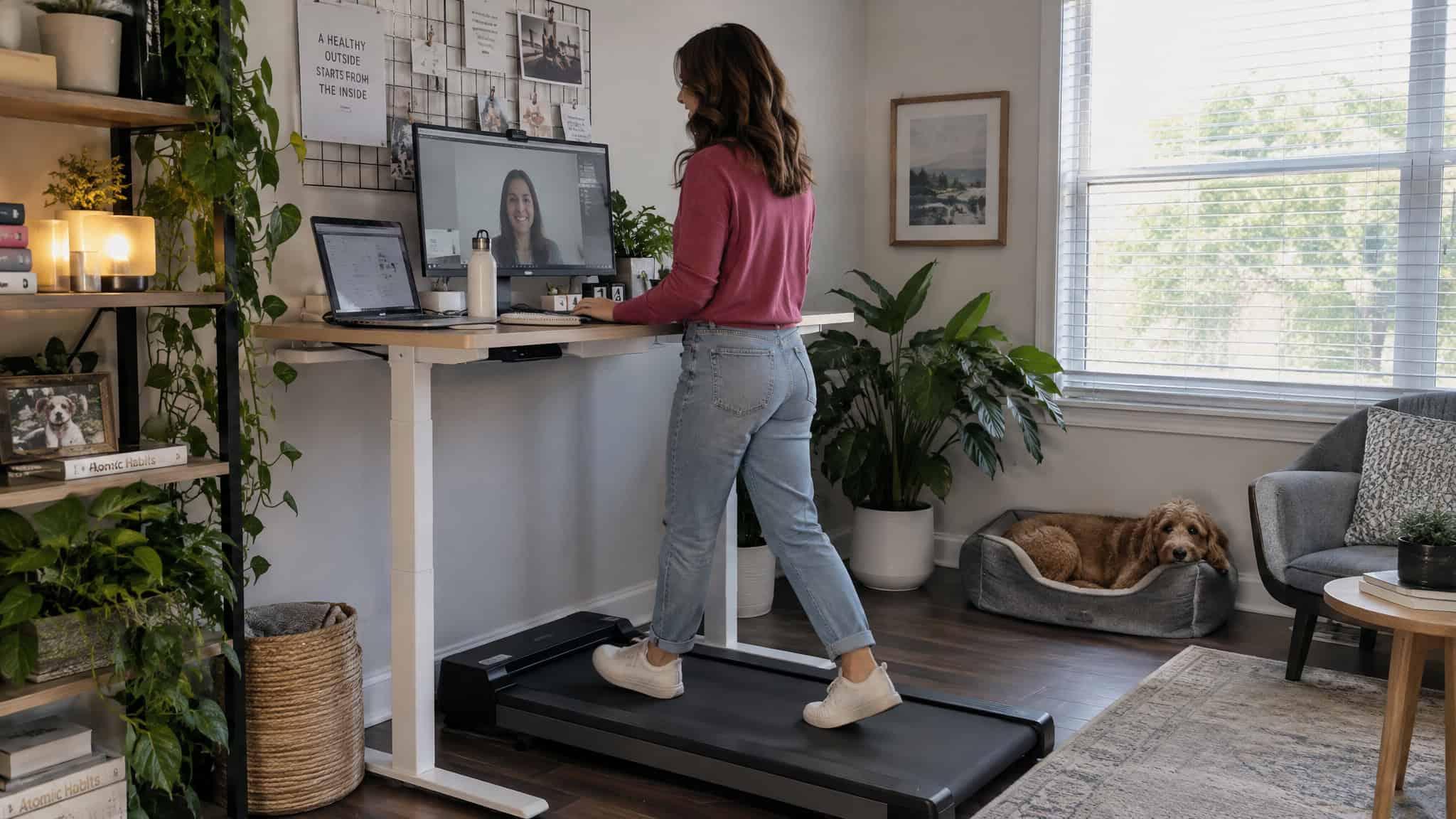 Trending Workout Roundup: From HYROX's 266% Search Surge to the Pilates Boom 4 Walking pad under a standing desk during the workday, logging steps through emails and calls