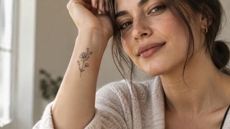 Portrait of a woman with a floral tattoo on her forearm, smiling softly, in a cozy indoor setting, emphasizing natural beauty and body art.